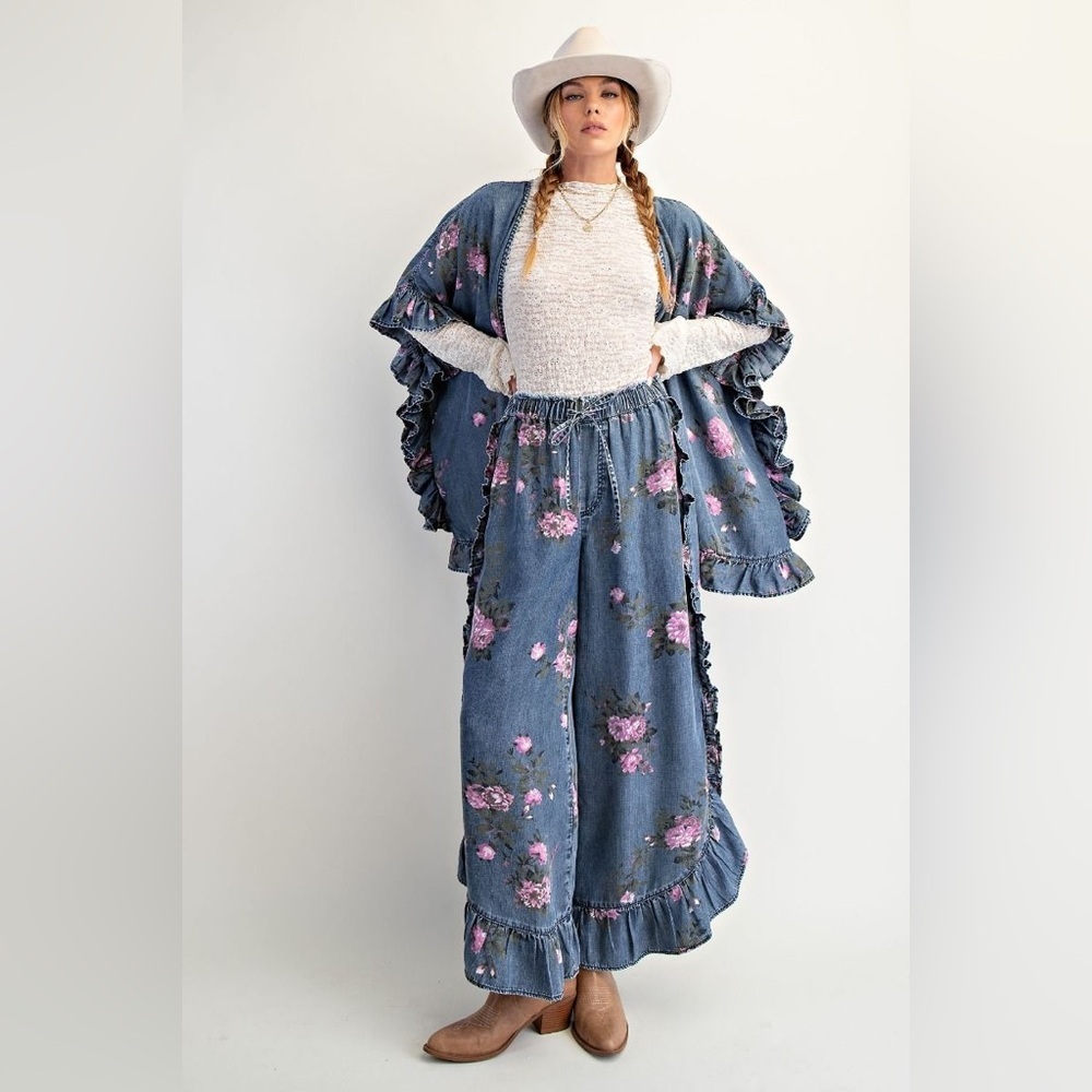 Easel Blue Floral Tencel Cropped Pants with Ruffle Hem - Picture 3 of 3